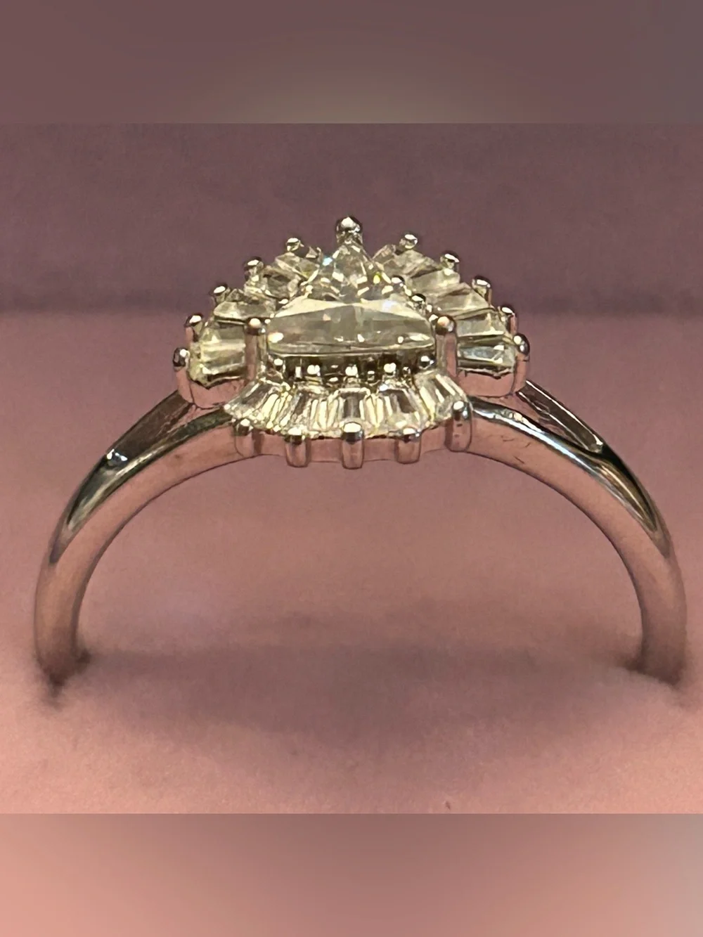 Triangular & Baguette Cut Halo Moissanite Ring in Sterling Silver Size 8.50